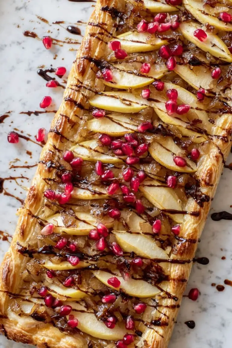 Apple Brie & Caramelized Onion Tart with Pomegranate Arils and Pomegranate Molasses Recipe