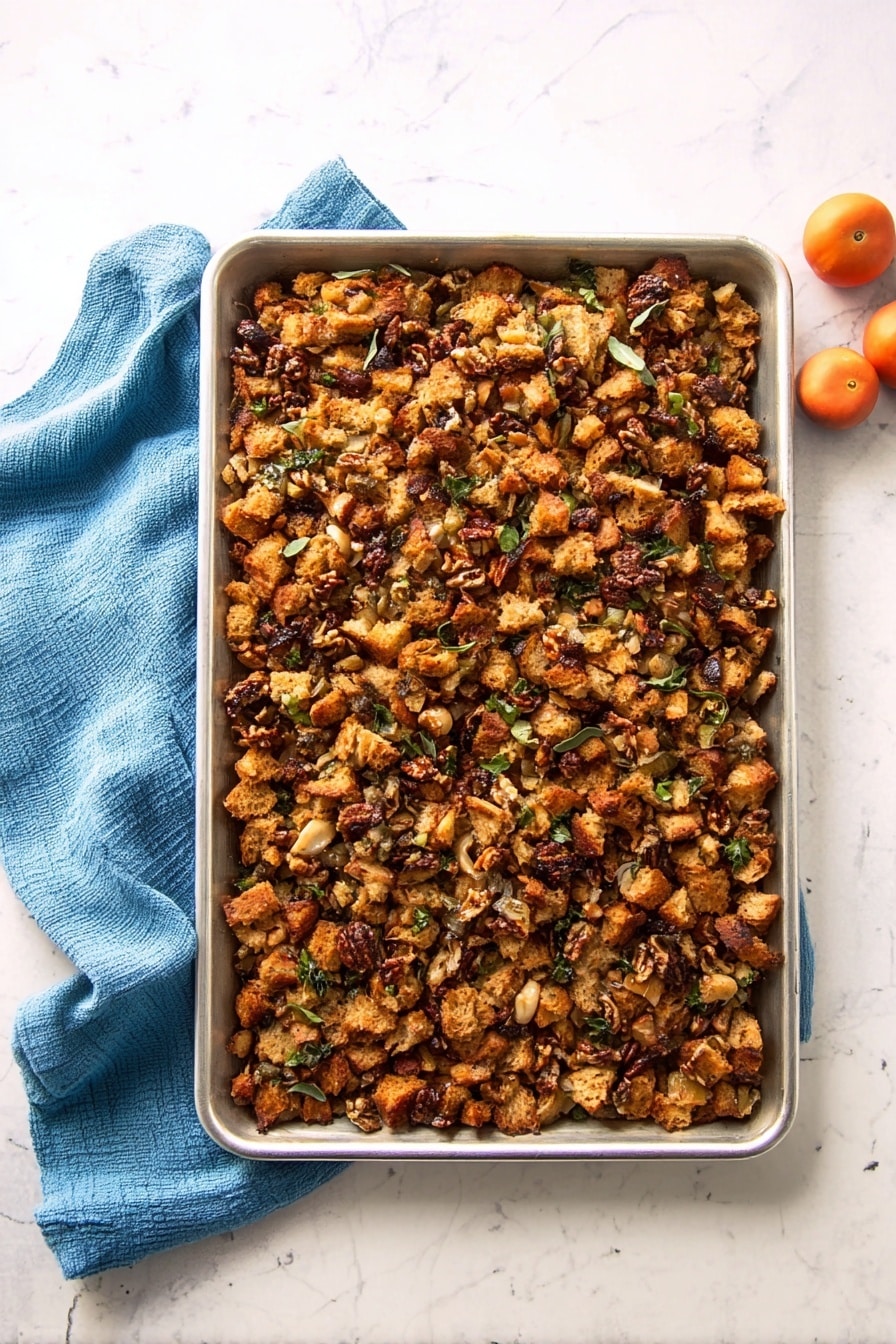 Sheet Pan Stuffing with Apples, Sausage, Cranberries, and Pecans Recipe - Serving
