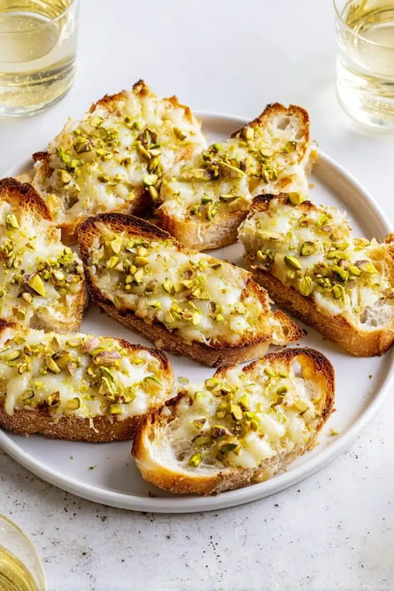 White Cheddar Brussels Sprouts & Pistachio Crostini with Hot Honey Recipe