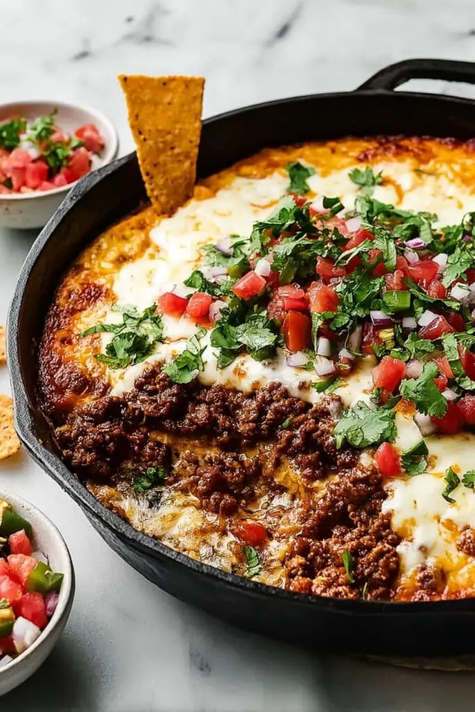 Queso Fundido with Chorizo, Green Chilis, and Fresh Toppings Recipe