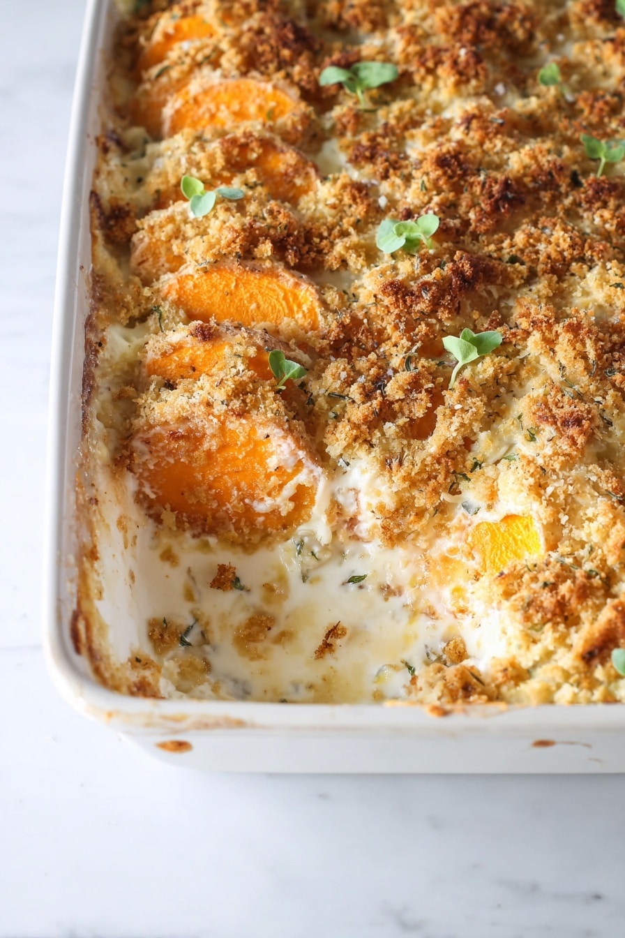 The dish in a white rectangular baking dish shows two main layers: the bottom creamy white sauce with a smooth texture, and on top, thin circular slices of orange and white vegetables arranged in rows. The top layer is covered with a golden-brown crispy breadcrumb and cheese crust with some slightly toasted edges, and small green herb leaves are scattered for garnish. A portion is missing from one corner revealing the creamy sauce underneath and the layers inside. The background is a white marbled surface. Photo taken with an iphone --ar 2:3 --v 7 - Asiago and Herb Scalloped Potatoes, cheesy scalloped potato side dish, creamy herb potatoes, baked cheddar potato casserole, gourmet potato side recipe