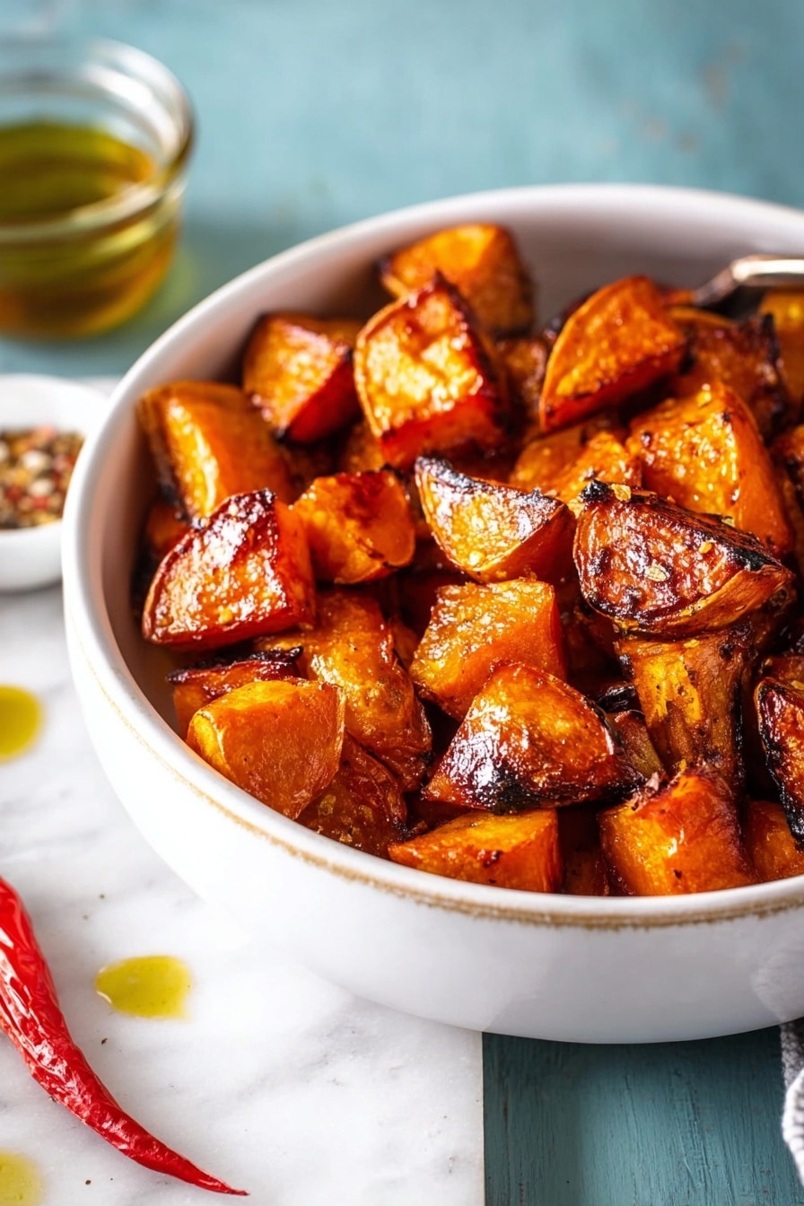 A white bowl filled with three layers of roasted carrot pieces, each piece showing a glazed, shiny orange surface with slightly charred edges, giving a mix of deep orange and brown colors. The bowl is placed on a blue wooden surface. There is a golden spoon resting inside the bowl on the right side, holding a small red chili piece with oil dripping from it. The roasted carrots look soft with some parts darker from roasting. photo taken with an iphone --ar 2:3 --v 7 - Hot Honey Caramel Sweet Potatoes, spicy sweet potato side dish, honey glazed sweet potatoes, roasted sweet potatoes with jalapeño, flavorful sweet potato recipe