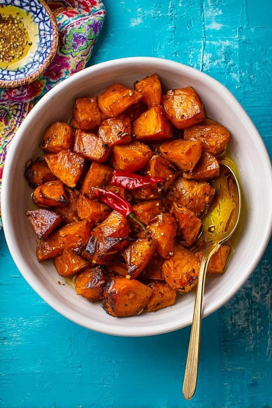 The image shows a white bowl filled with roasted chunks of sweet potatoes and carrots, all glazed with a shiny, caramelized coating. The sweet potatoes have a crispy, browned outer layer with a soft orange inside, while the carrots are a bright, deep orange with some charred edges. A golden spoon is scooping up some of the glazed vegetables, with a small red pepper resting on the spoon. The bowl sits on a white marbled surface, with a blue cloth partially showing underneath the bowl. A small red chili pepper is visible on the surface near the bottom left corner. photo taken with an iphone --ar 2:3 --v 7 - Hot Honey Caramel Sweet Potatoes, spicy sweet potato side dish, honey glazed sweet potatoes, roasted sweet potatoes with jalapeño, flavorful sweet potato recipe