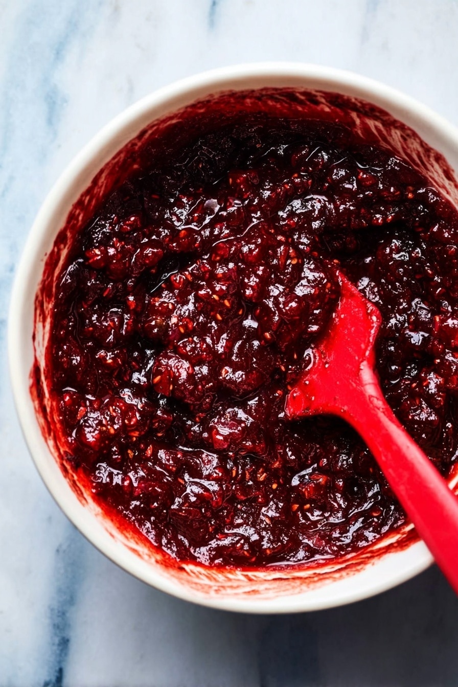 A close-up view of a single thick layer of dark red cranberry sauce with visible chunks of cranberries in a white bowl, the sauce has a shiny, smooth texture with some unevenness from the fruit pieces. A red spatula is partially inside the bowl, stained with the sauce. The bowl is set against a white marbled surface with a small corner of a blue patterned cloth visible at the bottom left. photo taken with an iphone --ar 2:3 --v 7 - Bourbon Vanilla Cranberry Cider Sauce, Cranberry Cider Sauce, Holiday Cranberry Sauce, Easy Cranberry Sauce Recipe, Festive Fruit Sauce