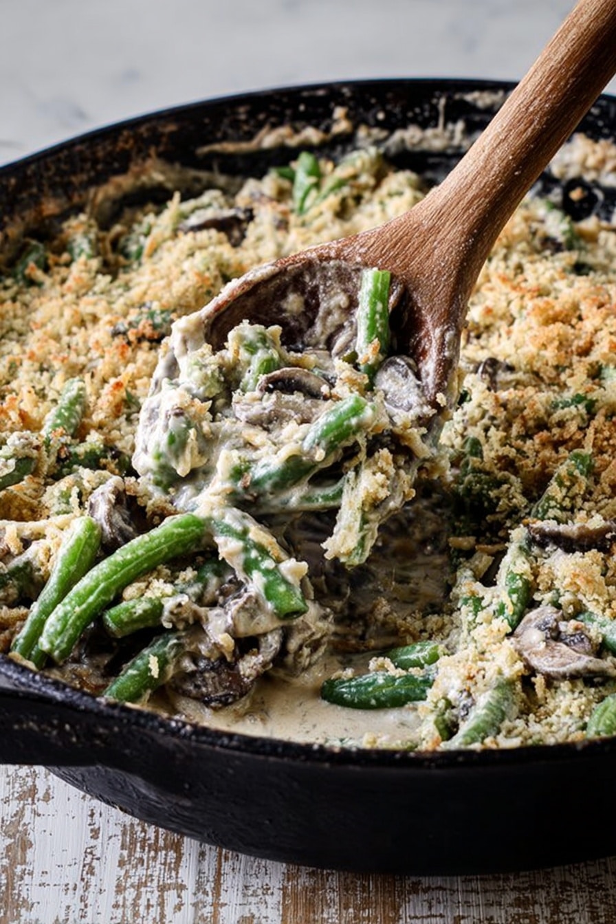 A close-up view of a dark skillet filled with a creamy casserole, topped with a textured layer of light golden crumbs mixed with grated cheese and small pieces of green herbs scattered across the surface. The casserole underneath appears creamy and light brown with some visible green vegetable bits mixed in. The skillet rests on a white marbled surface, and soft natural light highlights the textures and colors. Photo taken with an iphone --ar 2:3 --v 7 - Lightened Up Fresh Green Bean Casserole, healthy green bean casserole, easy veggie side dish, low-calorie green bean casserole, holiday vegetable side