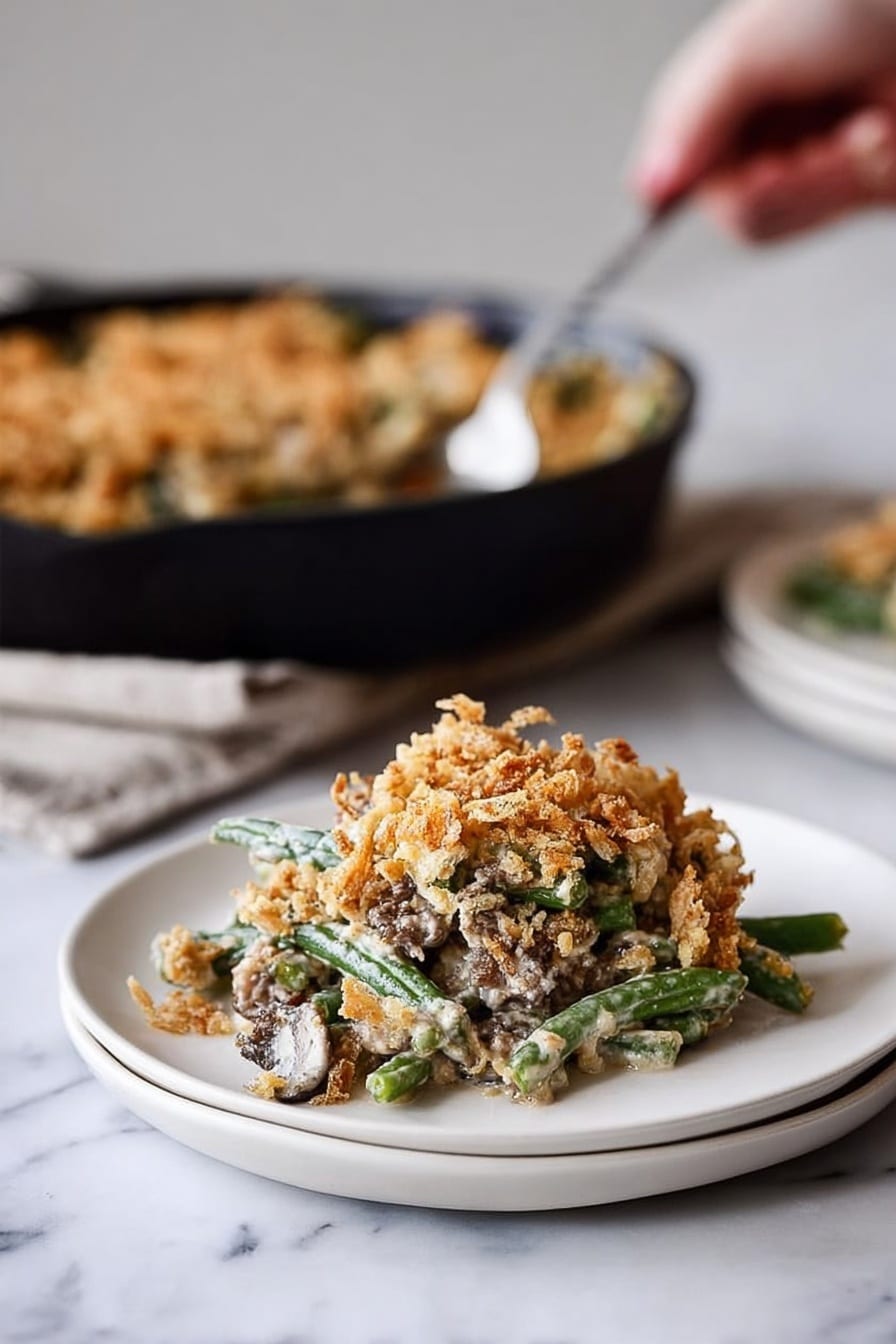 The dish is a serving of green bean casserole placed on a small white plate with a white marbled surface underneath. It has three visible layers: at the bottom are green bean pieces in a creamy sauce with bits of mushrooms, the middle layer shows browned chunks of mushroom or meat mixed within the creamy sauce, and the top layer is covered with golden, crispy fried onion rings and breadcrumbs, creating a crunchy texture. In the background, there is a black cast iron skillet filled with the same casserole, slightly out of focus. To the right, there is a stack of white plates with dark napkins and silverware on top. Photo taken with an iphone --ar 2:3 --v 7 - Lightened Up Fresh Green Bean Casserole, healthy green bean casserole, easy veggie side dish, low-calorie green bean casserole, holiday vegetable side