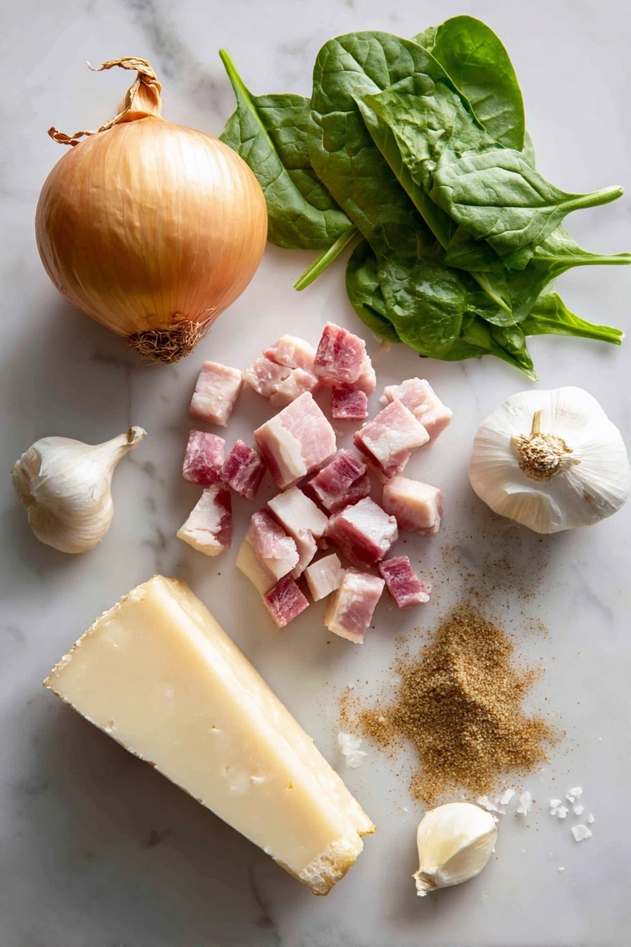 Flat lay of bright green fresh spinach leaves, crisp diced pancetta pieces with a rich pink and white marbled texture, a golden sweet onion cut into cubes, two plump garlic cloves with creamy white skin, a small pile of grated pale yellow Parmesan cheese, a heap of shredded Gruyere cheese with a soft ivory color, and a tiny heap of finely ground light brown nutmeg powder, all naturally arranged with a balance of colors and textures, placed on white marbled surface, photo taken with an iphone --ar 2:3 --v 7 - Creamy Spinach Gratin with Pancetta, Gruyère, and Parmesan, cheesy spinach gratin with pancetta, baked spinach with rich cheeses, savory pancetta and cheese casserole, indulgent cheesy spinach side dish