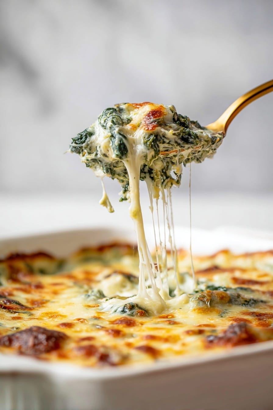 A baked dish in a white square ceramic baking dish with browned melted cheese covering the surface, mixed with green leafy vegetables that peek through the cheese layer. The top layer is golden with slightly crispy edges, showing some darker browned spots giving a toasted texture. Underneath the cheese, a moist, slightly uneven green spinach or kale layer is visible through the cheese, suggesting a layered casserole or gratin, all placed on a white marbled surface. photo taken with an iphone --ar 2:3 --v 7 - Creamy Spinach Gratin with Pancetta, Gruyère, and Parmesan, cheesy spinach gratin with pancetta, baked spinach with rich cheeses, savory pancetta and cheese casserole, indulgent cheesy spinach side dish