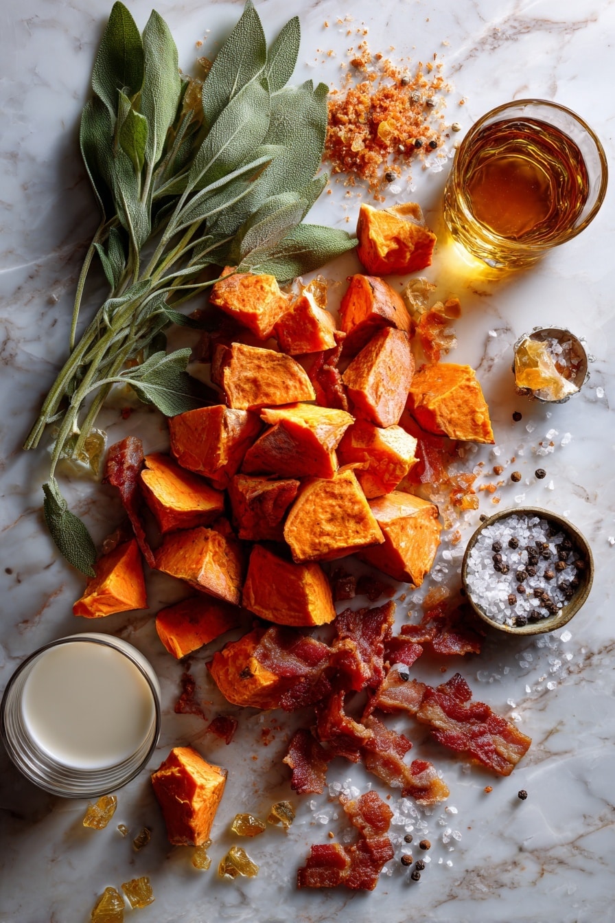 Flat lay of bright orange sweet potato chunks with smooth skin, thick-cut crispy bacon pieces showing rich reddish-brown and glossy fat textures, vibrant green sage leaves with delicate veining and slightly curled edges, glossy golden brown butter cubes, a small amount of amber-colored bourbon in a glass dropper form, and a splash of creamy white milk, all naturally arranged with a mix of rustic and fresh appeal, placed on white marbled surface, photo taken with an iphone --ar 2:3 --v 7 - Bourbon Bacon Whipped Sweet Potatoes with Brown Butter and Crispy Sage, sweet potato side dish, holiday side recipes, savory sweet potato recipes, easy festive side dishes
