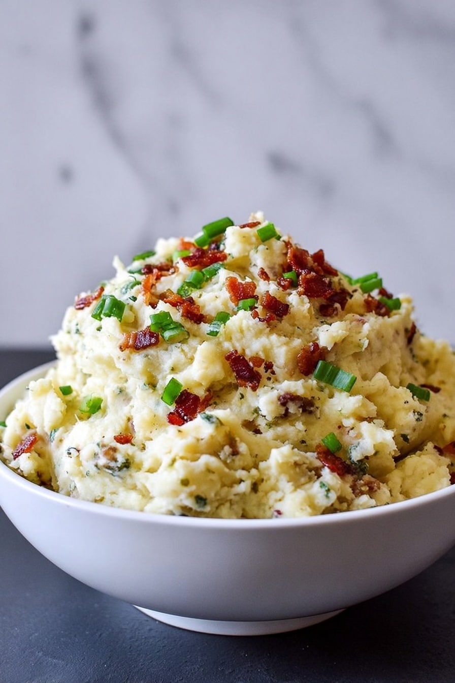 A large mound of creamy, pale yellow potato salad sits in a white bowl. The salad includes small bits of crispy, reddish-brown bacon and dark-green chopped scallions sprinkled on top. The texture looks soft and slightly chunky with some visible pieces of potato and bacon mixed throughout. The bowl is set on a white marbled surface with a soft, neutral background. Photo taken with an iphone --ar 2:3 --v 7 - Buttermilk Bacon Blue Smashed Potatoes, creamy mashed potatoes with blue cheese, bacon mashed potatoes, blue cheese potato side dish, smoky bacon potato recipe