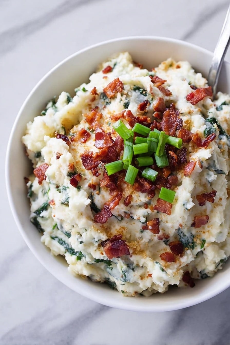 The image shows a mound of creamy mashed potatoes with specks of green herbs mixed in, placed in a white bowl. On top, there are small pieces of crispy bacon and chopped green onions scattered over the surface, adding color contrast with red and vibrant green against the pale texture of the potatoes. The dish sits on a white marbled surface. Photo taken with an iphone --ar 2:3 --v 7 - Buttermilk Bacon Blue Smashed Potatoes, creamy mashed potatoes with blue cheese, bacon mashed potatoes, blue cheese potato side dish, smoky bacon potato recipe