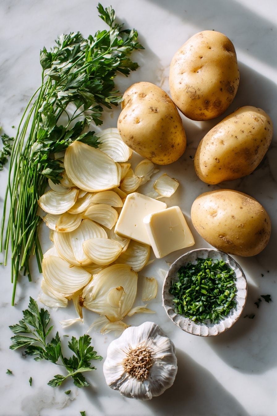Flat lay of golden yellow Yukon gold potatoes with smooth skins, thinly sliced sweet onions in translucent pale amber and rich golden caramelized layers, fresh vibrant green parsley and chives finely chopped, a small pile of creamy pale butter cubes, and plump cloves of garlic with papery white skins and one minced clove showing its creamy interior, all beautifully arranged in a natural, slightly scattered manner, placed on white marbled surface, photo taken with an iphone --ar 2:3 --v 7 - Brown Butter Hasselback Potatoes with Caramelized Onions, Hasselback Potato Side Dish, Tips for Perfect Hasselback Potatoes, Caramelized Onion Potato Recipe, Elegant Potato Sides