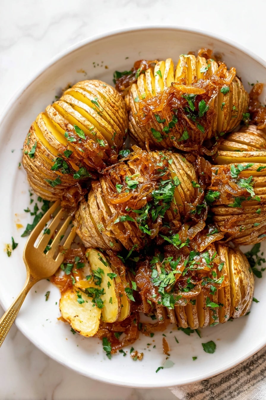 The dish shows sliced potatoes arranged in a layered stack, each potato having many thin, even slices exposing a light yellow inside and brown skin edges. On top and between the layers, there are strands of caramelized onions with a golden amber color and a slightly soft texture. Fresh green herbs, chopped finely, are sprinkled generously over the potatoes and onions, adding a bright contrast. The potatoes sit in a shallow pool of butter or oil with light browning around the edges. The dish is served on a white plate, set against a white marbled surface in soft natural light. Photo taken with an iphone --ar 2:3 --v 7 - Brown Butter Hasselback Potatoes with Caramelized Onions, Hasselback Potato Side Dish, Tips for Perfect Hasselback Potatoes, Caramelized Onion Potato Recipe, Elegant Potato Sides