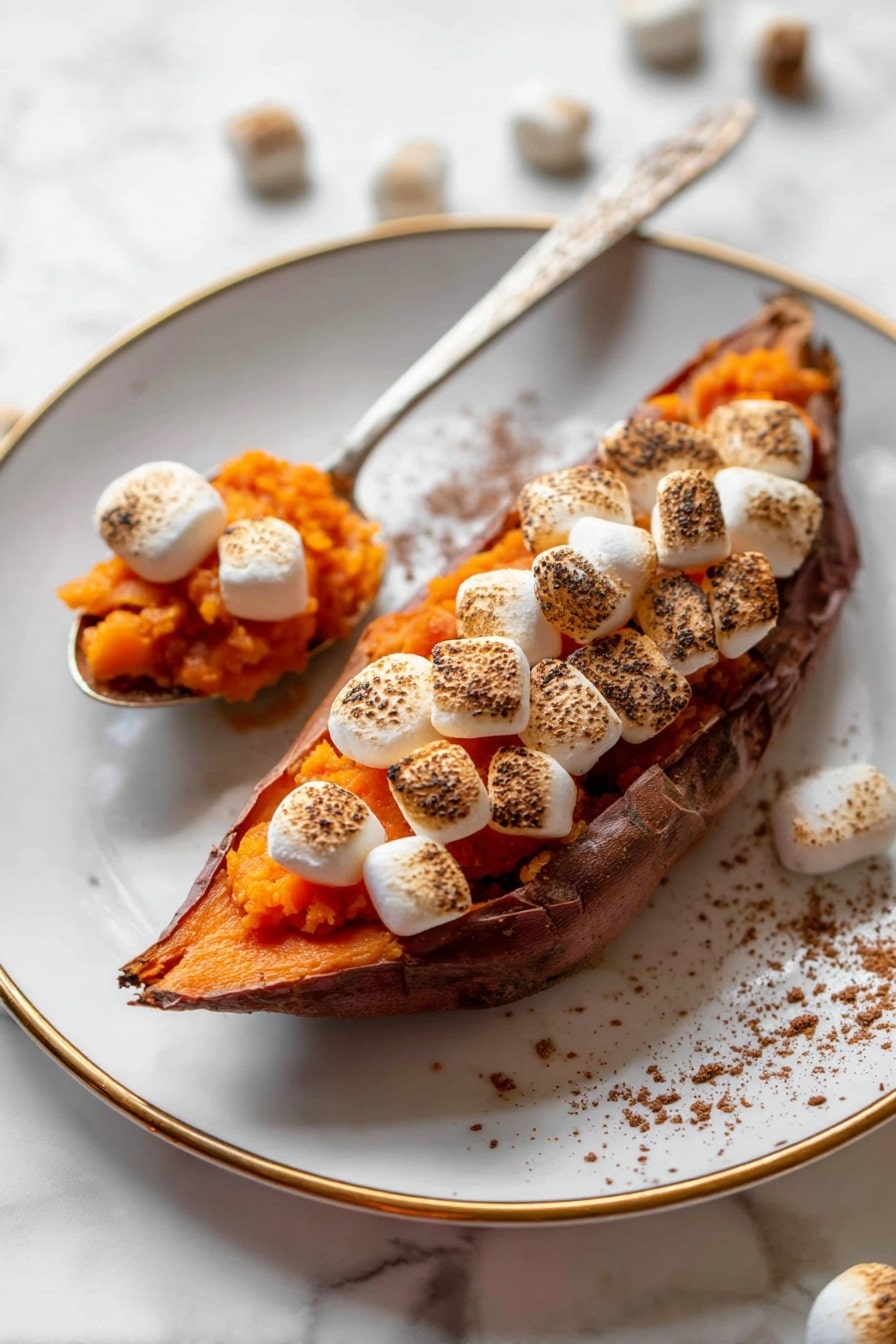 The image shows several pieces of roasted sweet potato halves topped with a bright orange mashed sweet potato layer that is soft and slightly chunky. On top of each mashed layer are many small, white marshmallows that are toasted golden brown on the top, giving a slightly crispy texture. The sweet potatoes have a darker brown and slightly burnt edge. The pieces are placed closely together on a baking tray with a white marbled texture in the background. Photo taken with an iphone --ar 2:3 --v 7 - Maple Marshmallow Twice Baked Sweet Potatoes, sweet potato side dishes, holiday sweet potato recipes, easy sweet potato dessert, cozy fall recipes