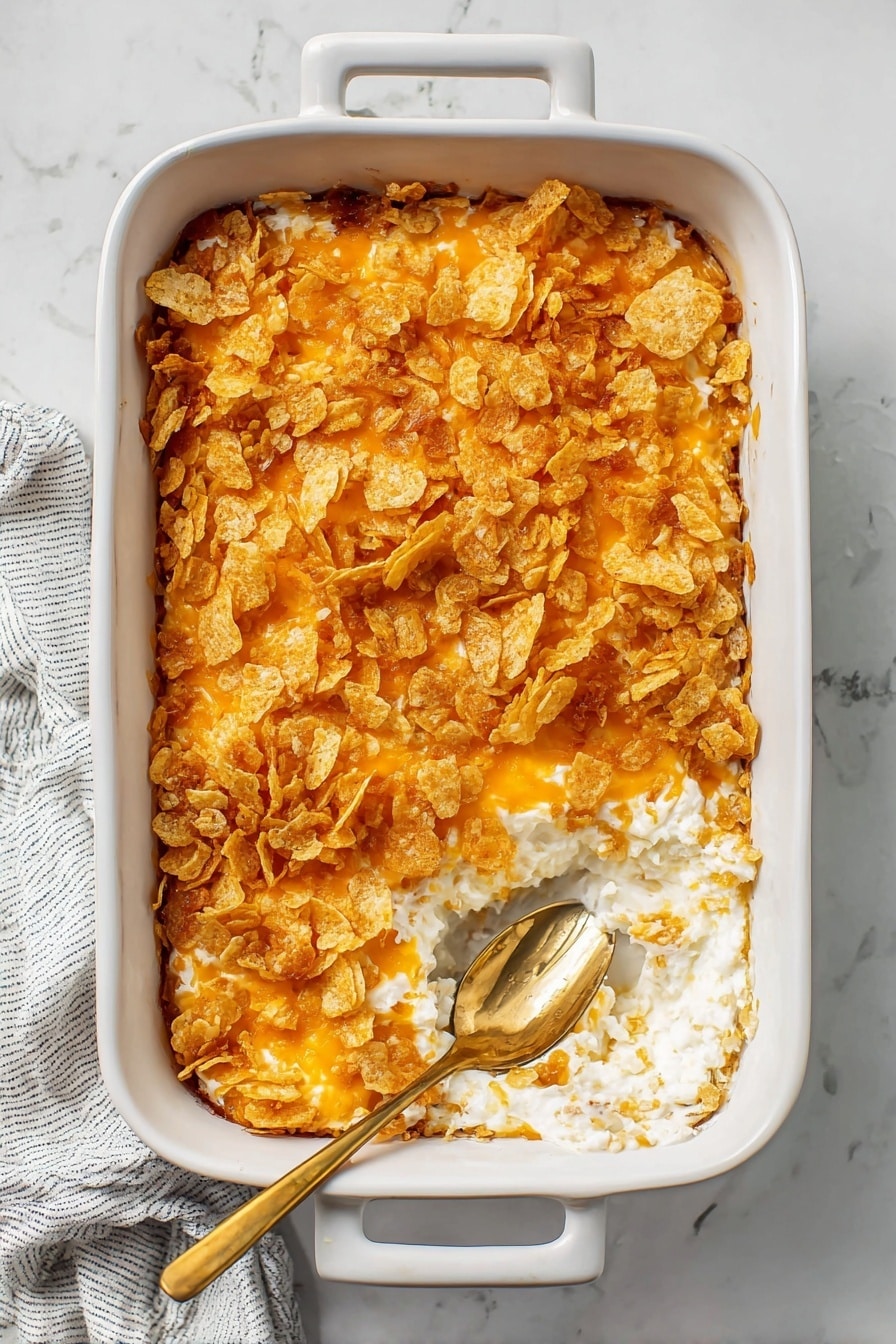 A white baking dish with a crunchy top layer made of golden crushed chips, underneath the chips is a melted bright orange cheese layer, and beneath this is a creamy white layer that looks soft and smooth; a spoon is scooping into the bottom right corner showing the creamy inside. The dish is placed on a white marbled textured surface with a white and gray checked cloth to the left. Photo taken with an iphone --ar 2:3 --v 7 - My Mom’s Cheesy Potatoes, cheesy potatoes casserole, cheesy potato bake, comfort food side dish, cheesy potatoes recipe