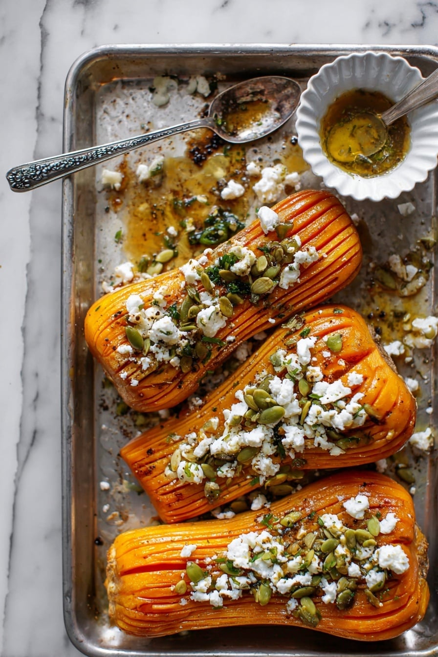 Hot Honey Hasselback Butternut Squash with Feta and Pepitas Recipe - Serving