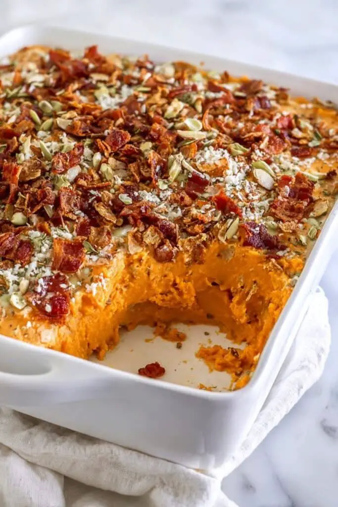 Savory Sweet Potato Casserole with Bacon Shallots and Crispy Fried Jalapeños Recipe