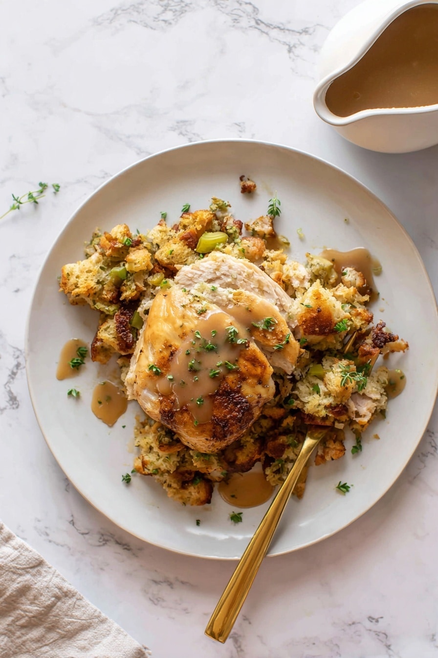 Thanksgiving Chicken and Stuffing Bake with Easy Gravy Recipe - Serving