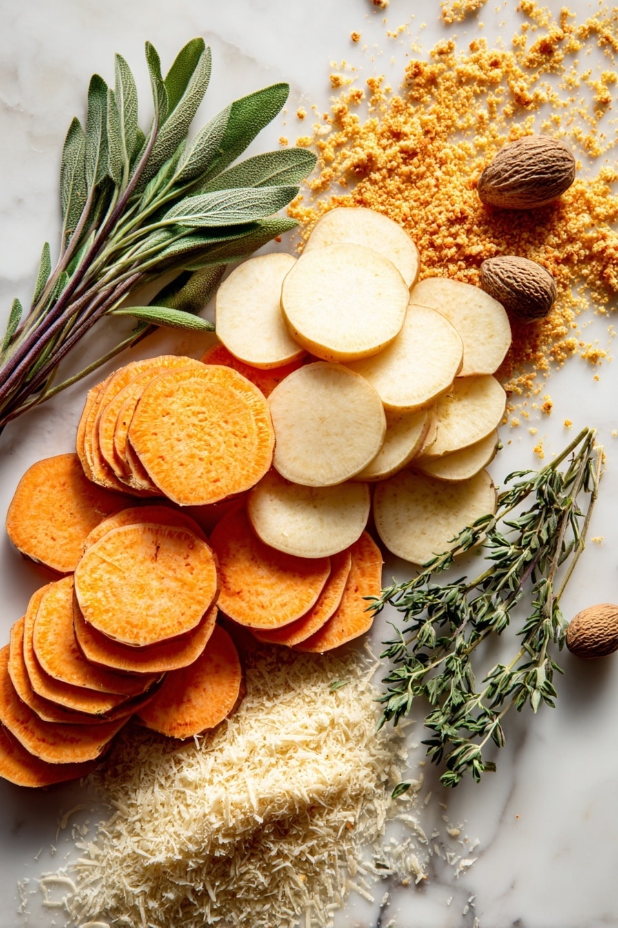 Flat lay of thinly sliced sweet potatoes with vibrant orange skin and smooth texture, neatly fanned out next to pale cream-colored Idaho potatoes with their delicate, translucent slices, a small pile of finely grated Asiago cheese with a soft, crumbly texture and pale yellow hue, a mound of freshly grated Parmigiano-Reggiano cheese showing off its sharp, crystalline texture in light cream tones, creamy white heavy cream in a small pool with subtle glossy reflections, scattered fine breadcrumbs in light golden tan, rustic dried sage leaves in muted green-gray, and sprigs of fresh thyme with tiny green leaves, all beautifully arranged and balanced to highlight color and texture contrasts, placed on white marbled surface, photo taken with an iphone --ar 2:3 --v 7 - Asiago and Herb Scalloped Potatoes, cheesy scalloped potato side dish, creamy herb potatoes, baked cheddar potato casserole, gourmet potato side recipe