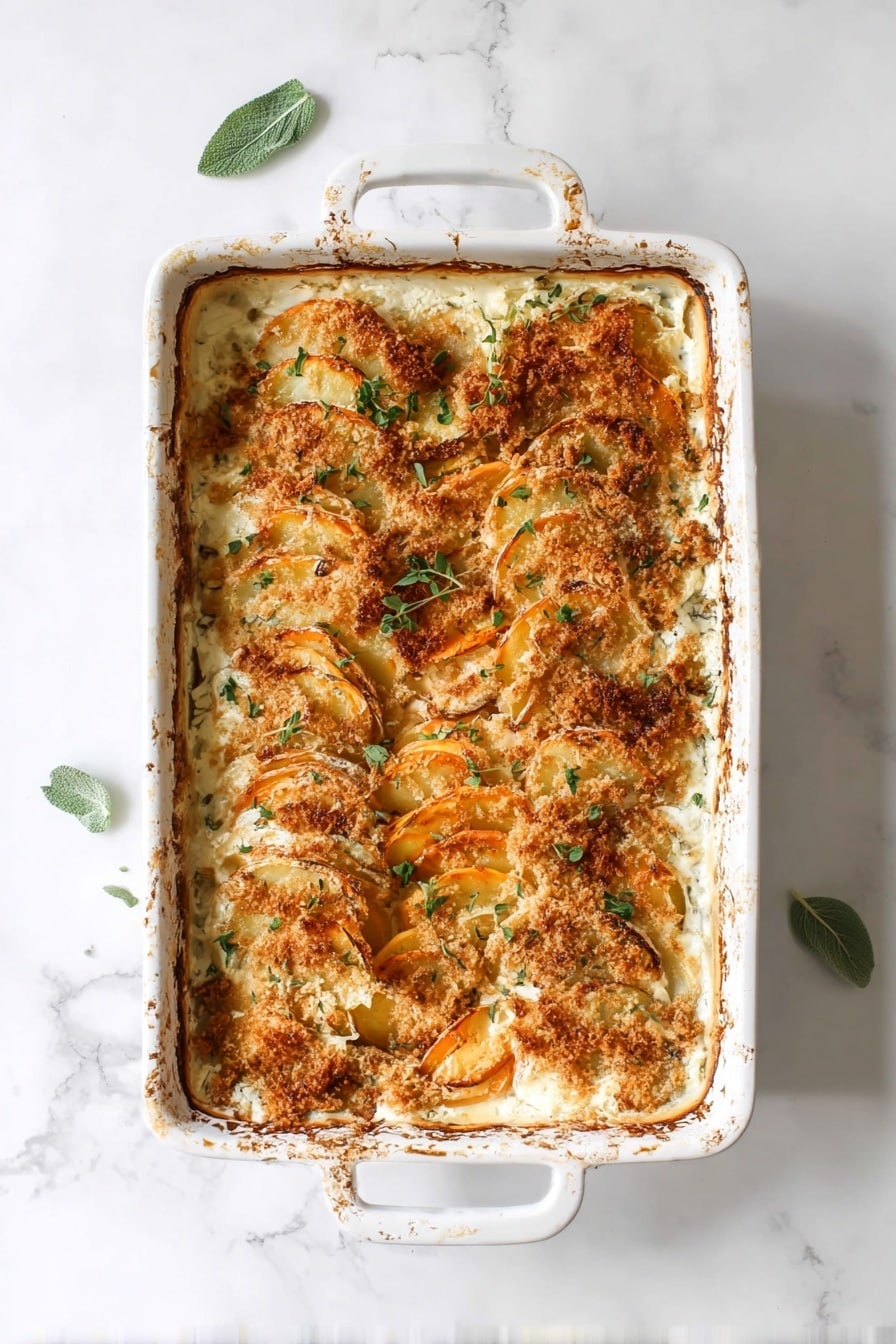 The image shows a white rectangular baking dish filled with a layered gratin. The top layer is golden brown and crispy, with browned bits of cheese and breadcrumbs covering thin slices of orange sweet potatoes and creamy white slices of regular potatoes, arranged vertically. Small green herb leaves are scattered on top for decoration. The baking dish rests on a white marbled surface with a few green herb leaves around it. The edges of the dish show slight browning and baked-on drips, adding texture to the scene. Photo taken with an iphone --ar 2:3 --v 7 - Asiago and Herb Scalloped Potatoes, cheesy scalloped potato side dish, creamy herb potatoes, baked cheddar potato casserole, gourmet potato side recipe