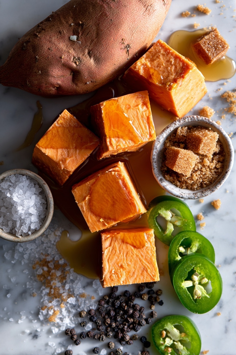 Flat lay of large chunks of vibrant orange sweet potatoes with their smooth skin softly peeled, a small glass bowl of golden amber honey with a glossy texture, bright green jalapeño pepper sliced thinly showing glossy seeds inside, a slab of creamy pale yellow unsalted butter with a slight sheen, and a small mound of rich, dark brown sugar crystals with a coarse texture, all naturally arranged with scattered sweet potato chunks and jalapeño slices adding pops of color, placed on white marbled surface, photo taken with an iphone --ar 2:3 --v 7 - Hot Honey Caramel Sweet Potatoes, spicy sweet potato side dish, honey glazed sweet potatoes, roasted sweet potatoes with jalapeño, flavorful sweet potato recipe