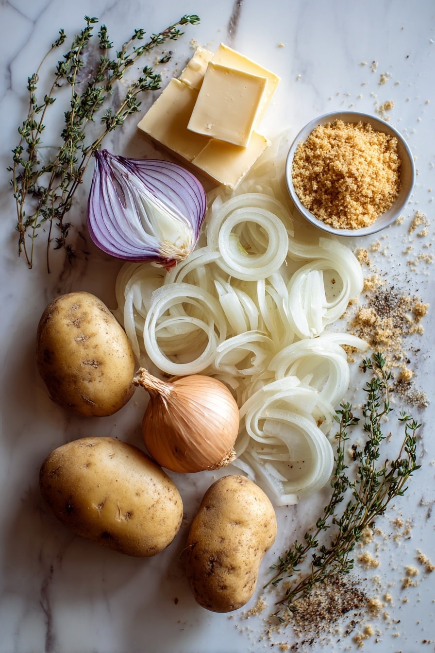 Flat lay of thinly sliced sweet onions with golden caramelized edges, smooth peeled russet potatoes cut into thin, even rounds showing their pale creamy texture, small fresh sprigs of dried thyme with delicate green leaves, a block of rich gruyere cheese with a slightly crumbly pale yellow surface, a small mound of seasoned golden brown bread crumbs with a coarse texture, and a few small cubes of unsalted butter with a creamy, soft appearance, all beautifully arranged with natural spacing and soft shadows, placed on white marbled surface, photo taken with an iphone --ar 2:3 --v 7 - French Onion Scalloped Potatoes, caramelized onion potatoes, cheesy casserole, onion potato bake, comfort food side dish