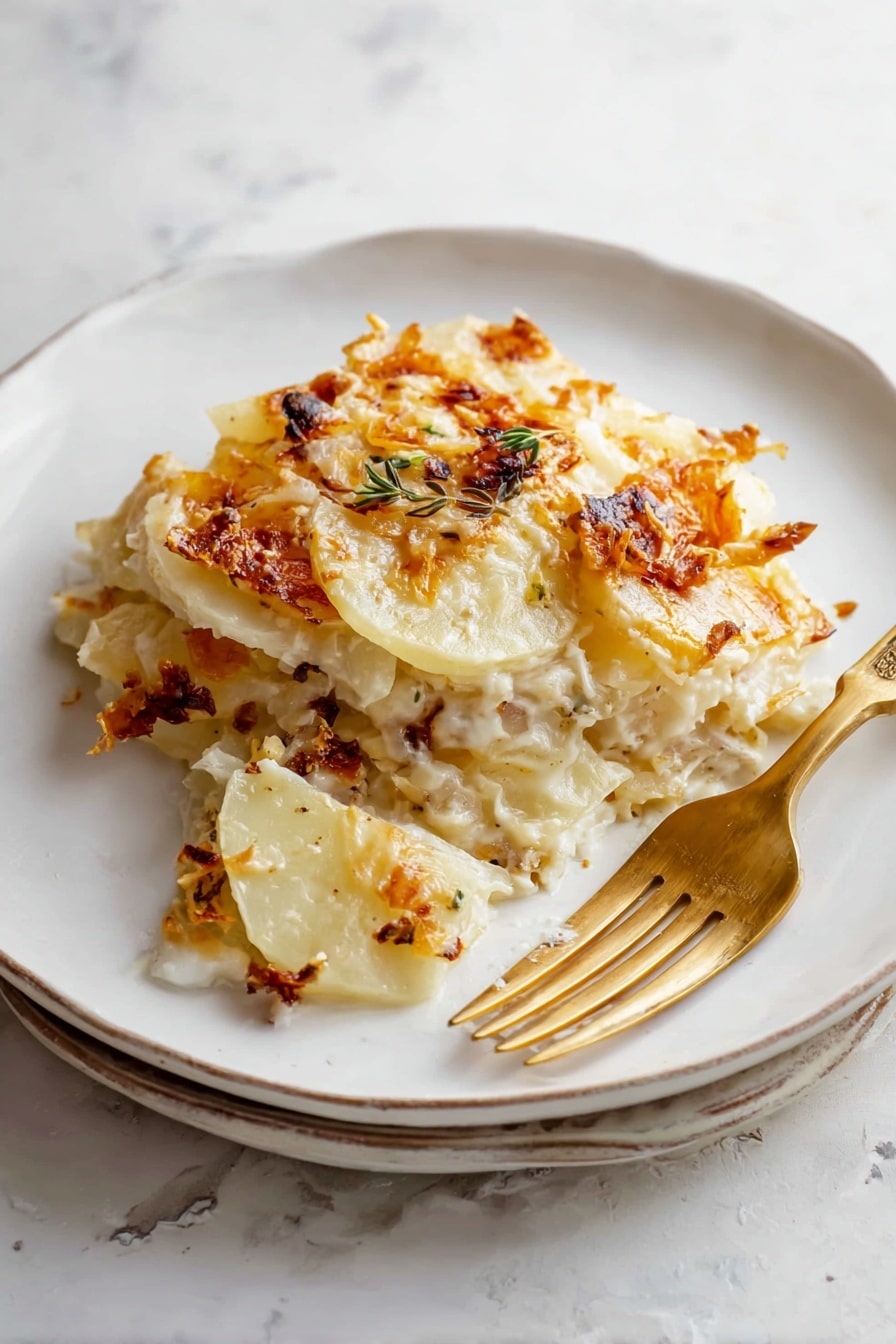 A white plate holds a layered potato casserole with about four uneven layers of thin, soft, pale yellow potato slices mixed with browned caramelized bits and light golden melted cheese on top. The potatoes have a creamy, slightly crumbly texture, and the browned toppings add a crispy, textured contrast scattered across the top and around the edges. A silver fork rests on the right side of the plate, and the plate sits on a white marbled surface. Photo taken with an iphone --ar 2:3 --v 7 - French Onion Scalloped Potatoes, caramelized onion potatoes, cheesy casserole, onion potato bake, comfort food side dish