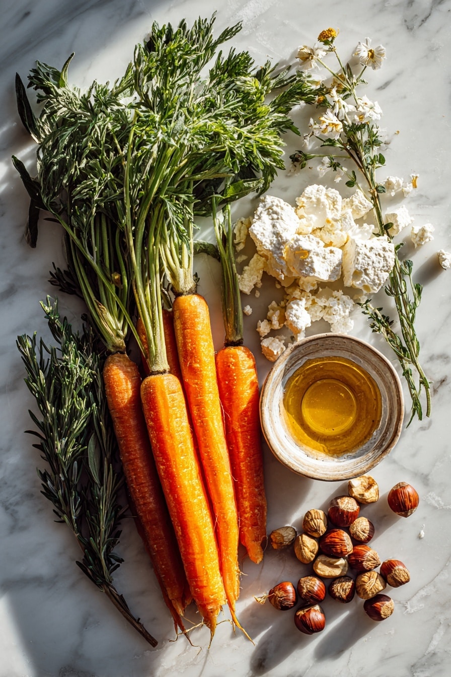 Flat lay of vibrant orange carrots, some whole and some sliced lengthwise showing their smooth, glossy texture, golden toasted hazelnuts with a slightly rough, cracked surface, soft white crumbles of goat cheese scattered delicately, and a mix of fresh green herbs including rosemary sprigs, thyme leaves, parsley, and slender chives, all naturally arranged with a touch of rustic charm, placed on white marbled surface, photo taken with an iphone --ar 2:3 --v 7 - Maple Roasted Carrots with Hazelnuts and Goat Cheese, roasted carrot side dish, healthy vegetable side, easy roasted carrots recipe, fancy vegetable sides