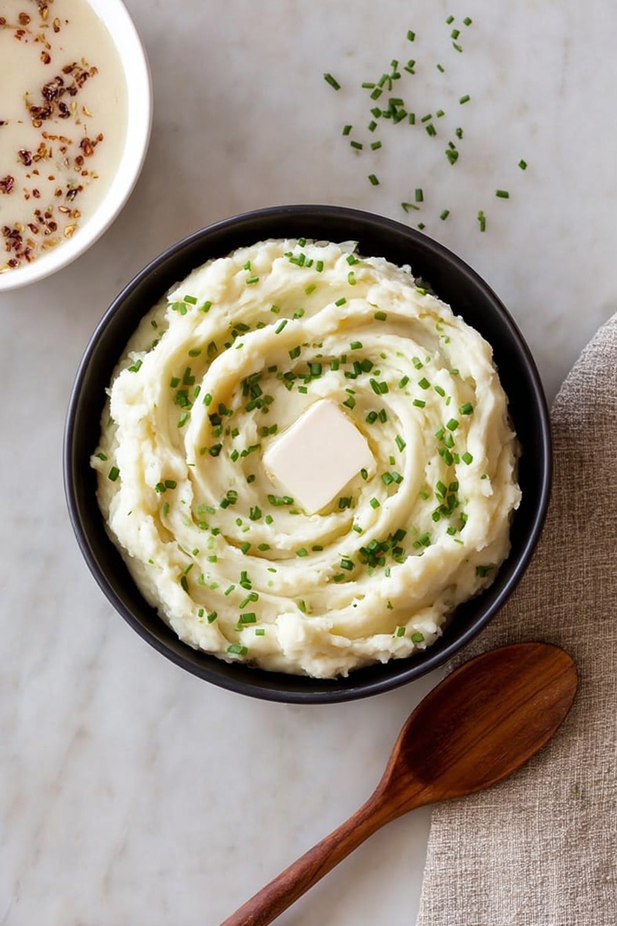 A black bowl holds a swirl of creamy white mashed potatoes with a smooth texture, and a small mound of butter sits in the center. The mashed potatoes are sprinkled evenly with finely chopped green chives. The bowl is placed on a white marbled surface, and to the upper left there is a partial view of a white bowl containing a beige gravy topped with dark crispy bits. A wooden spoon with a smooth finish lies to the right of the black bowl. photo taken with an iphone --ar 2:3 --v 7 - Garlic Goat Cheese Mashed Potatoes, creamy garlic mashed potatoes with goat cheese, roasted garlic mashed potato recipe, sophisticated side dish ideas, easy gourmet mashed potatoes