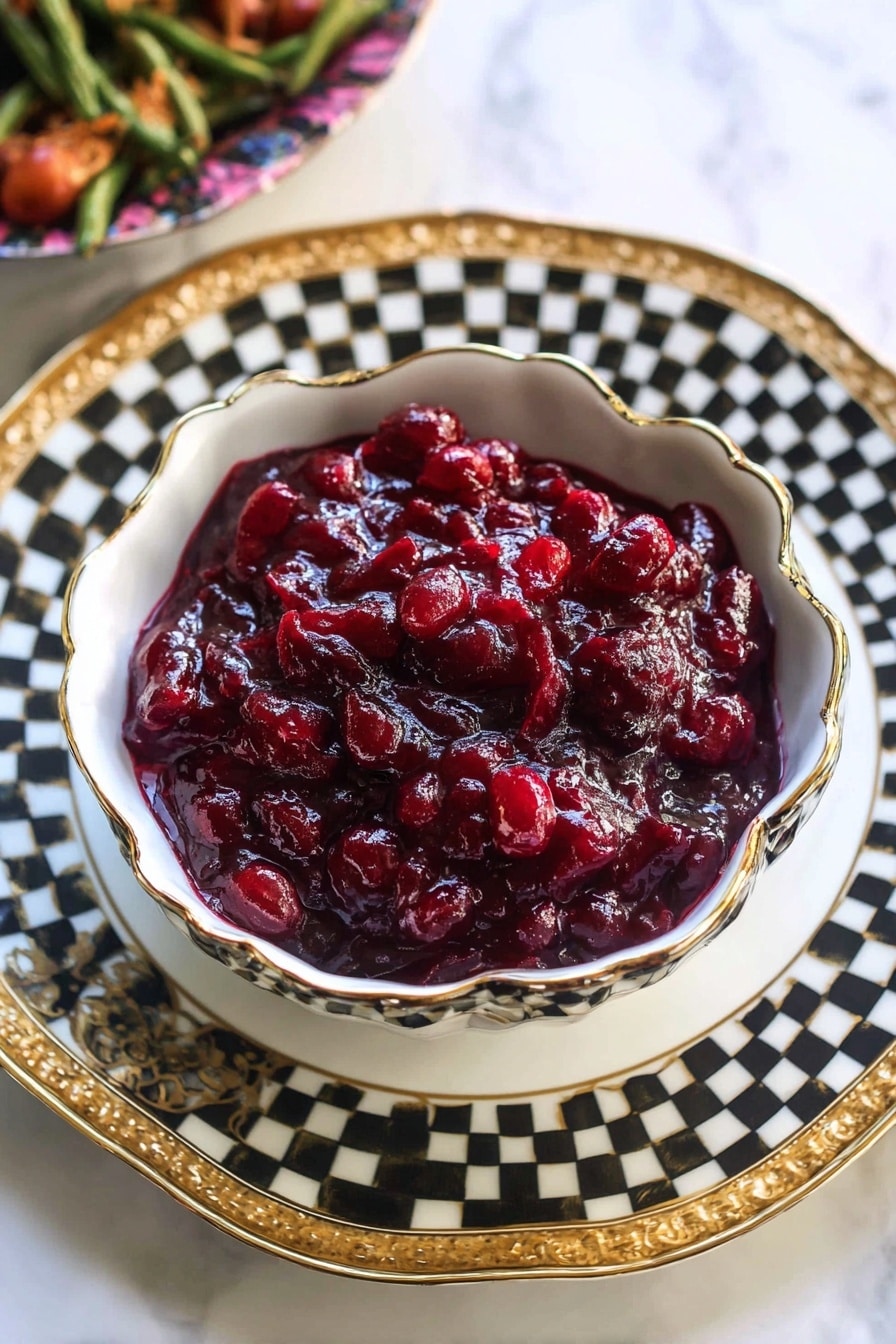 A white bowl with a checkered black and white pattern inside and a gold rim holds a thick layer of dark red cranberry sauce with visible whole cranberries and a glossy, slightly textured, syrupy surface. The bowl is placed on a white marbled texture surface, with some green leaves partially visible around it. photo taken with an iphone --ar 2:3 --v 7 - Chipotle Cranberry Chutney, spicy cranberry sauce, holiday chutney recipe, easy fruit chutney, smoky cranberry relish