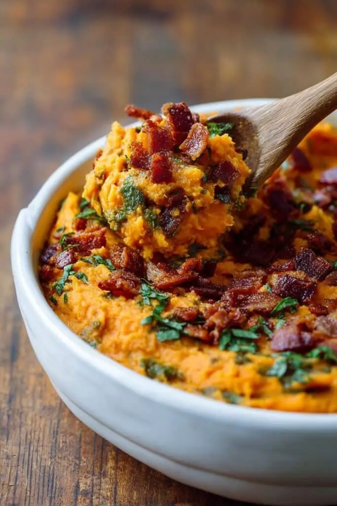 Bourbon Bacon Whipped Sweet Potatoes with Brown Butter and Crispy Sage Recipe