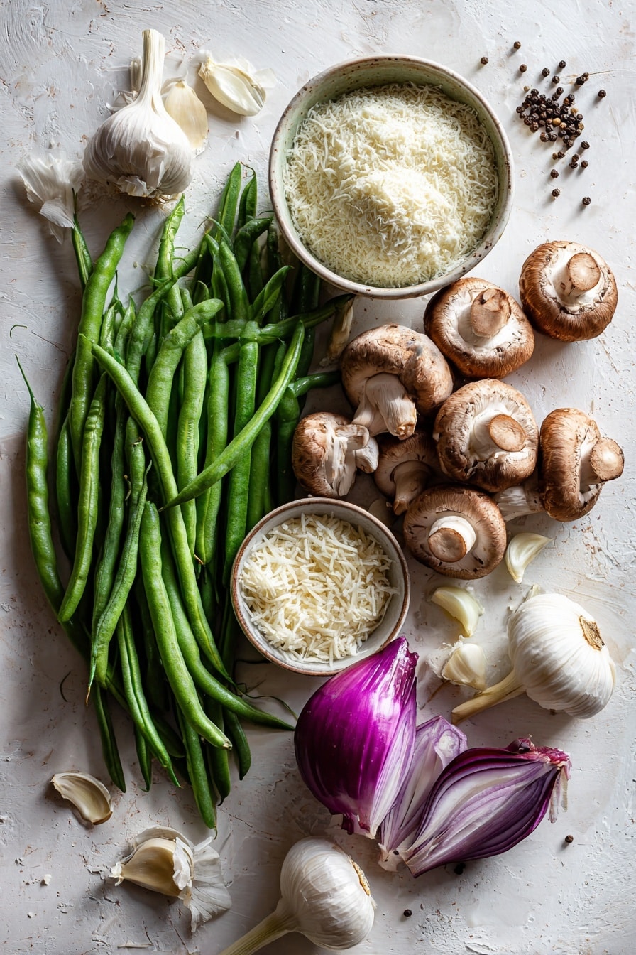 Flat lay of fresh green beans snapped in half, whole cremini mushrooms with rich brown caps, thinly sliced sweet onions glowing pale gold, peeled garlic cloves smooth and white, a small pile of grated parmigiano reggiano cheese with its fine texture, a bowl of buttermilk creamy and white, a handful of crispy golden French fried onions with a crunchy texture, and a piece of buttery unsalted butter with a soft yellow hue, all beautifully arranged with natural spacing and gentle shadows, placed on white marbled surface, photo taken with an iphone --ar 2:3 --v 7 - Green Bean Casserole with French Fried Onions, homemade green bean casserole, holiday green bean casserole, crispy French fried onions recipe, classic Southern green bean dish