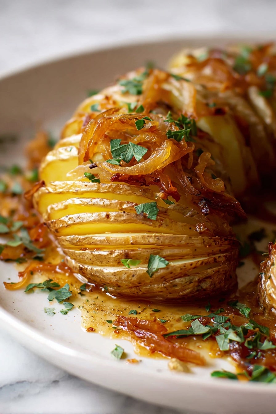 The dish shows a white plate with a roasted potato cut into thick slices, its outer edges golden brown and crispy, topped with caramelized onions mixed with chopped green herbs. Next to the potato slices are scattered some more caramelized onions and herbs, creating a textured and colorful garnish. A golden metal fork rests on the plate beside the food. The food is set on a white marbled surface. photo taken with an iphone --ar 2:3 --v 7 - Brown Butter Hasselback Potatoes with Caramelized Onions, Hasselback Potato Side Dish, Tips for Perfect Hasselback Potatoes, Caramelized Onion Potato Recipe, Elegant Potato Sides
