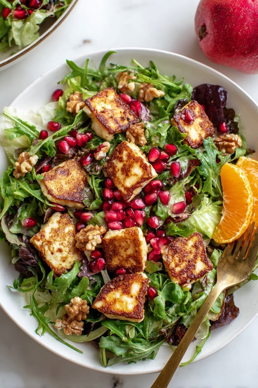 Pomegranate Greens Salad with Halloumi Croutons and Spiced Orange Vinaigrette Recipe - Serving