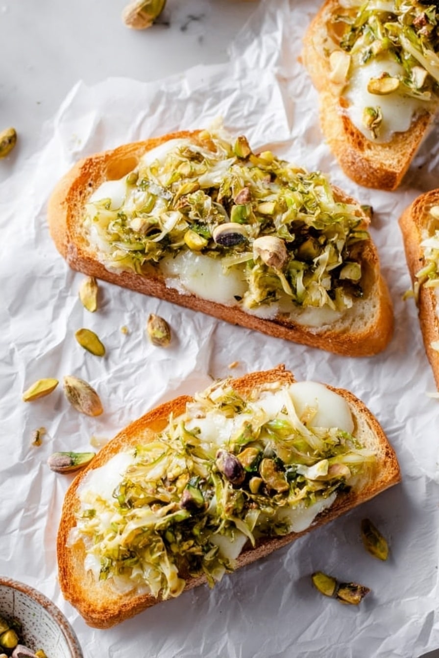 White Cheddar Brussels Sprouts & Pistachio Crostini with Hot Honey Recipe - Serving