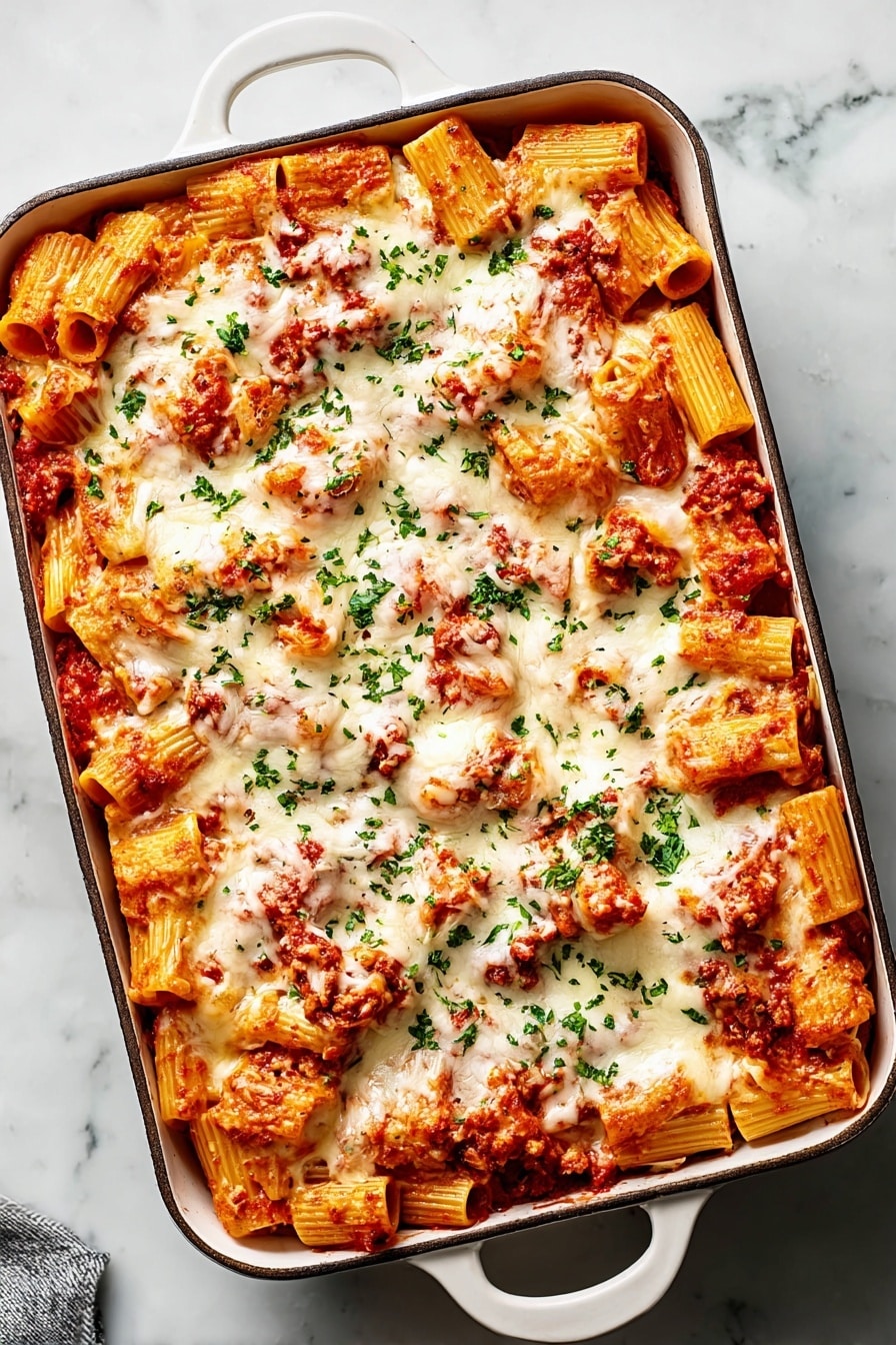 Baked Rigatoni with Italian Sausage, Ground Beef, and Mozzarella Recipe - Serving