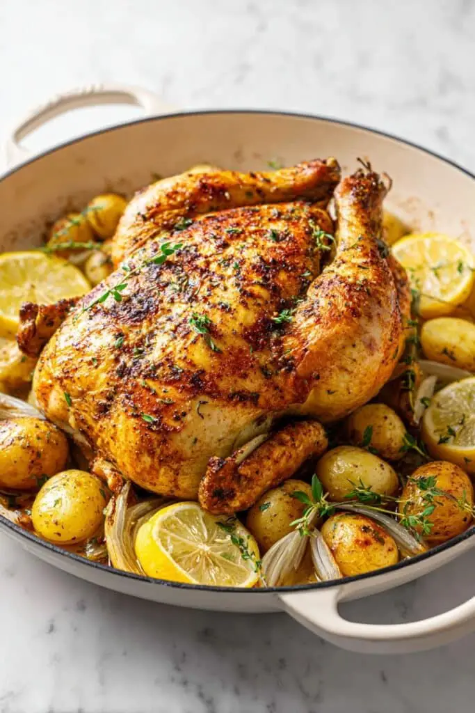 Whole Roast Chicken with Potatoes and Leeks in Tarragon Mustard Sauce Recipe