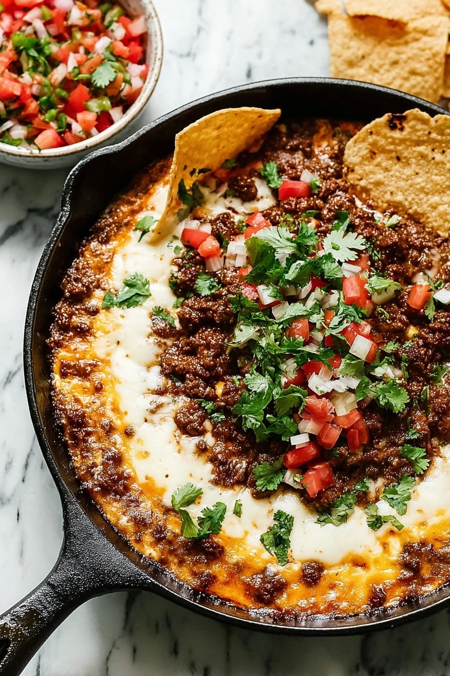 Queso Fundido with Chorizo, Green Chilis, and Fresh Toppings Recipe - Serving