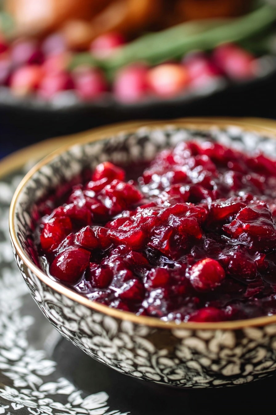 The image shows a bowl of dark red cranberry sauce with a glossy texture, filled with whole and slightly crushed cranberries in a thick syrup. The sauce fills the bottom and curves of a decorative white bowl with black and cream checkerboard patterns and gold trim along the scalloped edges. The bowl sits on a white marbled surface, with blurred background items including green beans on a patterned plate and roasted poultry on another white plate. Photo taken with an iphone --ar 2:3 --v 7 - Chipotle Cranberry Chutney, spicy cranberry sauce, holiday chutney recipe, easy fruit chutney, smoky cranberry relish