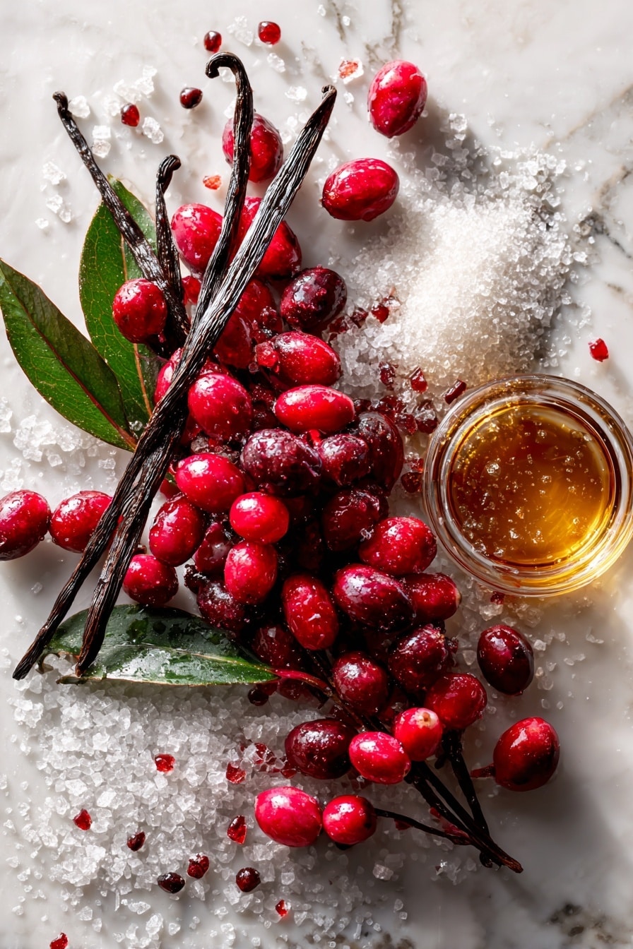 Flat lay of fresh vibrant red cranberries scattered alongside a glossy split vanilla bean with its tiny black seeds visible, a small glass of amber bourbon shimmering in the light, a clear measuring cup filled with golden apple cider, and a small pile of white granulated sugar crystals, all beautifully arranged with natural spacing to highlight colors and textures, placed on white marbled surface, photo taken with an iphone --ar 2:3 --v 7 - Bourbon Vanilla Cranberry Cider Sauce, Cranberry Cider Sauce, Holiday Cranberry Sauce, Easy Cranberry Sauce Recipe, Festive Fruit Sauce