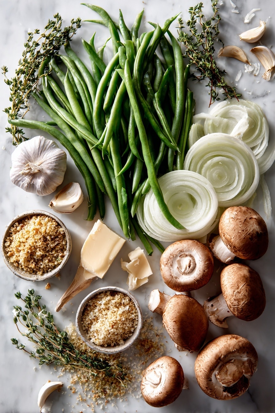 Flat lay of fresh green beans snapped in half with their bright, crisp green color, thinly sliced sweet onion rings showing soft white and purple hues, plump cremini mushrooms displaying rich brown caps with smooth texture, several peeled garlic cloves glistening with a pale off-white tone, small heaps of golden whole wheat panko breadcrumbs sprinkled with fresh green thyme and oregano leaves, a few chunks of creamy pale yellow unsalted butter, and wedges of pale ivory Parmigiano Reggiano cheese with a slightly crumbly surface, all beautifully arranged in a natural, organic style with slight overlaps and gentle shadows, placed on white marbled surface, photo taken with an iphone --ar 2:3 --v 7 - Lightened Up Fresh Green Bean Casserole, healthy green bean casserole, easy veggie side dish, low-calorie green bean casserole, holiday vegetable side