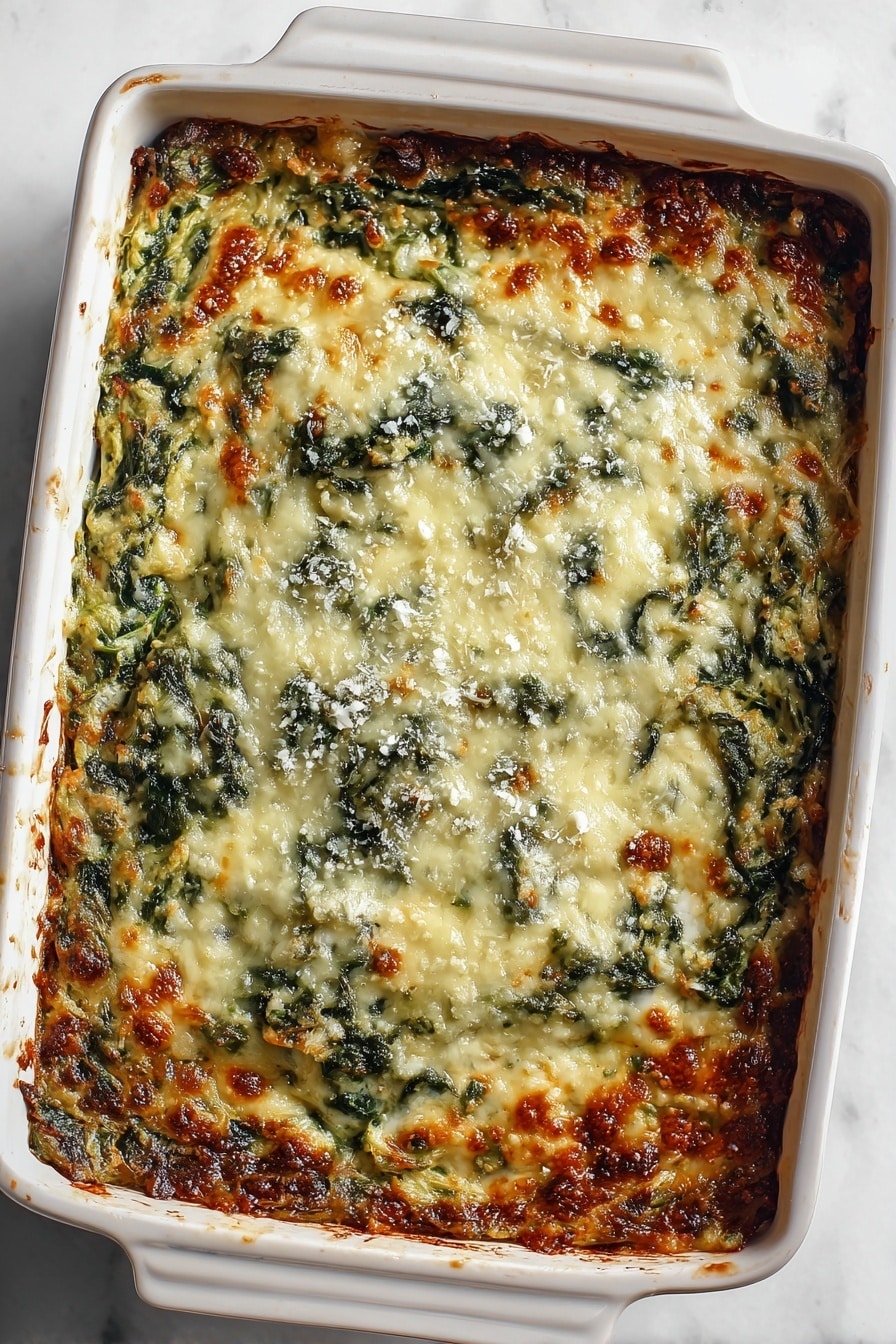 The image shows a close-up of a creamy spinach dip in a white baking dish. The dish has at least two visible layers: the base layer is made of cooked spinach with a bright green color and leafy texture, and the top layer is melted cheese with a pale yellow color and some golden brown spots indicating it is baked to a light crisp. A golden spoon is partially scooping out the dip, scraping through the creamy, cheesy surface to reveal the green spinach layer below, all set against a white marbled surface. Photo taken with an iphone --ar 2:3 --v 7 - Creamy Spinach Gratin with Pancetta, Gruyère, and Parmesan, cheesy spinach gratin with pancetta, baked spinach with rich cheeses, savory pancetta and cheese casserole, indulgent cheesy spinach side dish