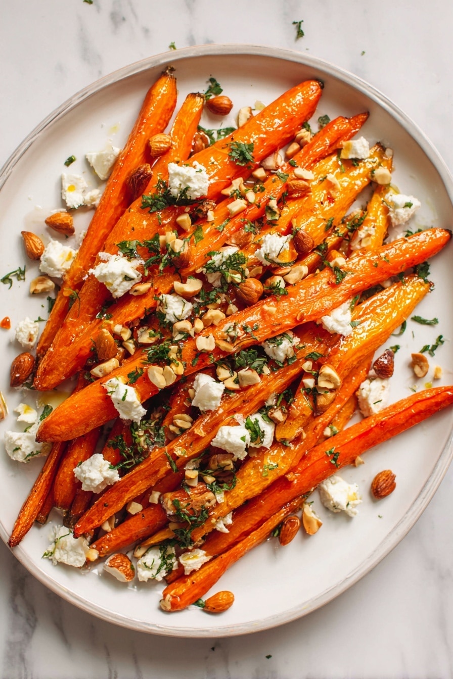 A white plate holds a pile of roasted orange carrot sticks arranged in crisscross layers. On top, there are small white crumbles of soft cheese spread unevenly, with scattered chunks of light tan nuts adding texture. Finely chopped green herbs are sprinkled over the carrots, cheese, and nuts, giving freshness and contrast. The plate is set on a white marbled surface with some loose herbs around it. photo taken with an iphone --ar 2:3 --v 7 - Maple Roasted Carrots with Hazelnuts and Goat Cheese, roasted carrot side dish, healthy vegetable side, easy roasted carrots recipe, fancy vegetable sides