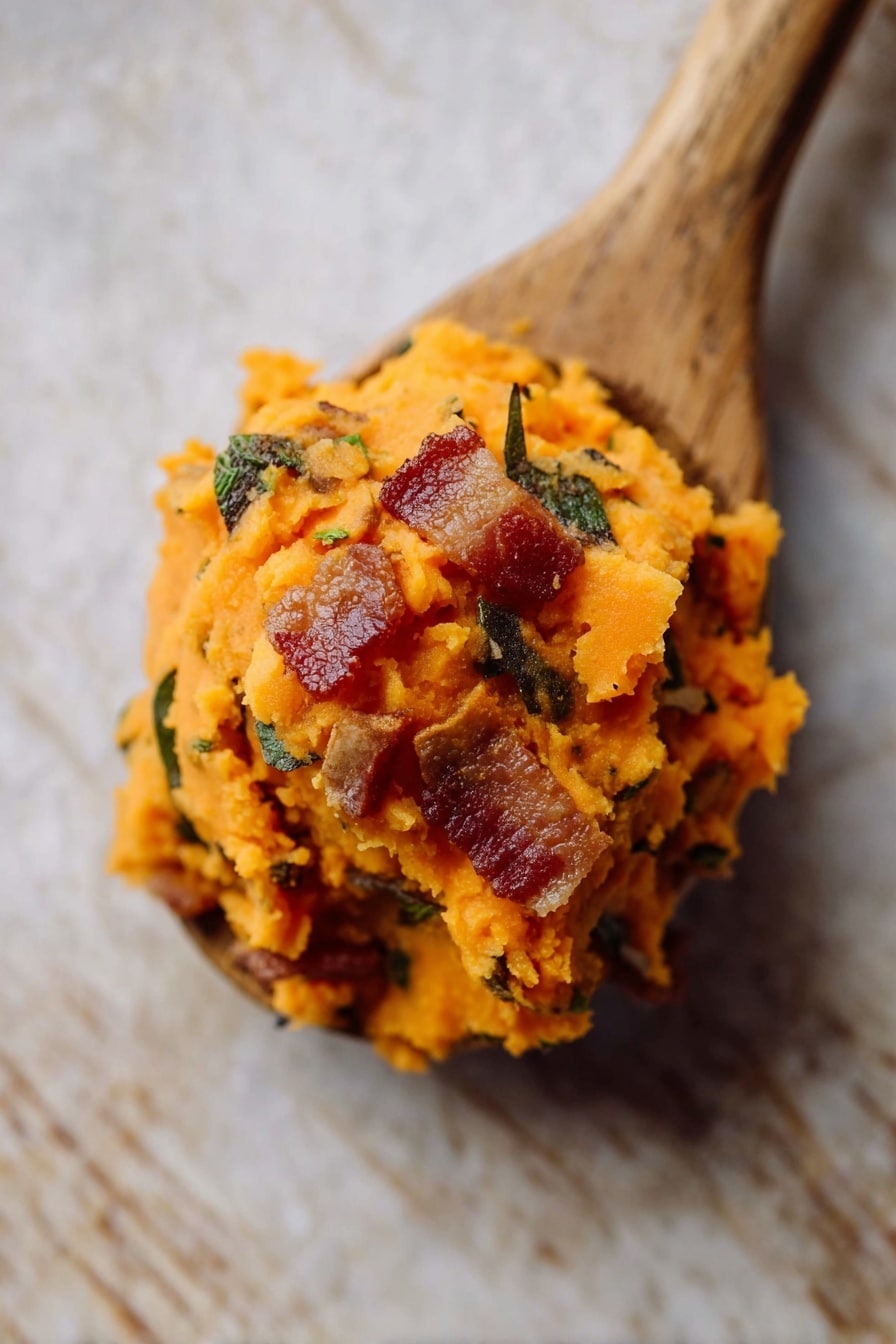 The image shows a close-up of a white shallow bowl with a thick layer of smooth, bright orange mashed sweet potatoes spread evenly inside. On top of this base layer, there is a generous sprinkling of crispy, small cooked bacon pieces that are reddish-brown with some slight pink tones. Scattered alongside the bacon are dark green, finely chopped herbs that add contrast and texture to the dish. The bowl sits on a dark wooden surface, with the focus on the vibrant colors and details of the toppings. Photo taken with an iphone --ar 2:3 --v 7 - Bourbon Bacon Whipped Sweet Potatoes with Brown Butter and Crispy Sage, sweet potato side dish, holiday side recipes, savory sweet potato recipes, easy festive side dishes