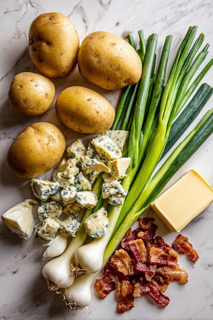 Flat lay of golden Yukon gold potatoes with smooth skin and a few rustic cuts showing their creamy interior, chunks of rich blue cheese with marbled blue veins, crispy crumbled bacon with a reddish-brown crunch, fresh green onions sliced into vibrant rings with bright white roots, and a small pat of soft, pale yellow unsalted butter, all naturally arranged to highlight their textures and colors, placed on white marbled surface, photo taken with an iphone --ar 2:3 --v 7 - Buttermilk Bacon Blue Smashed Potatoes, creamy mashed potatoes with blue cheese, bacon mashed potatoes, blue cheese potato side dish, smoky bacon potato recipe