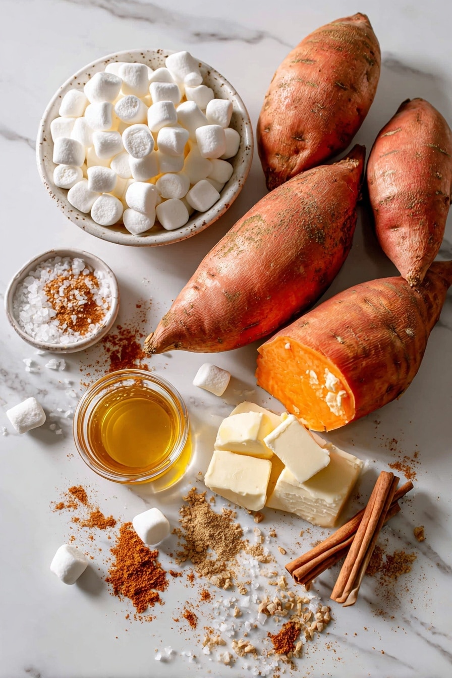 Flat lay of four whole sweet potatoes with deep orange skin and vibrant orange flesh sliced open, small clusters of soft white mini marshmallows scattered around, a few sticks of golden butter with a smooth, creamy texture, small glass bowls filled with amber maple syrup, light brown cinnamon powder, and warm beige nutmeg, coarse flakes of salty sea salt shimmering softly, all naturally arranged with some sweet potato leaves and a few cinnamon sticks for color contrast, placed on white marbled surface, photo taken with an iphone --ar 2:3 --v 7 - Maple Marshmallow Twice Baked Sweet Potatoes, sweet potato side dishes, holiday sweet potato recipes, easy sweet potato dessert, cozy fall recipes