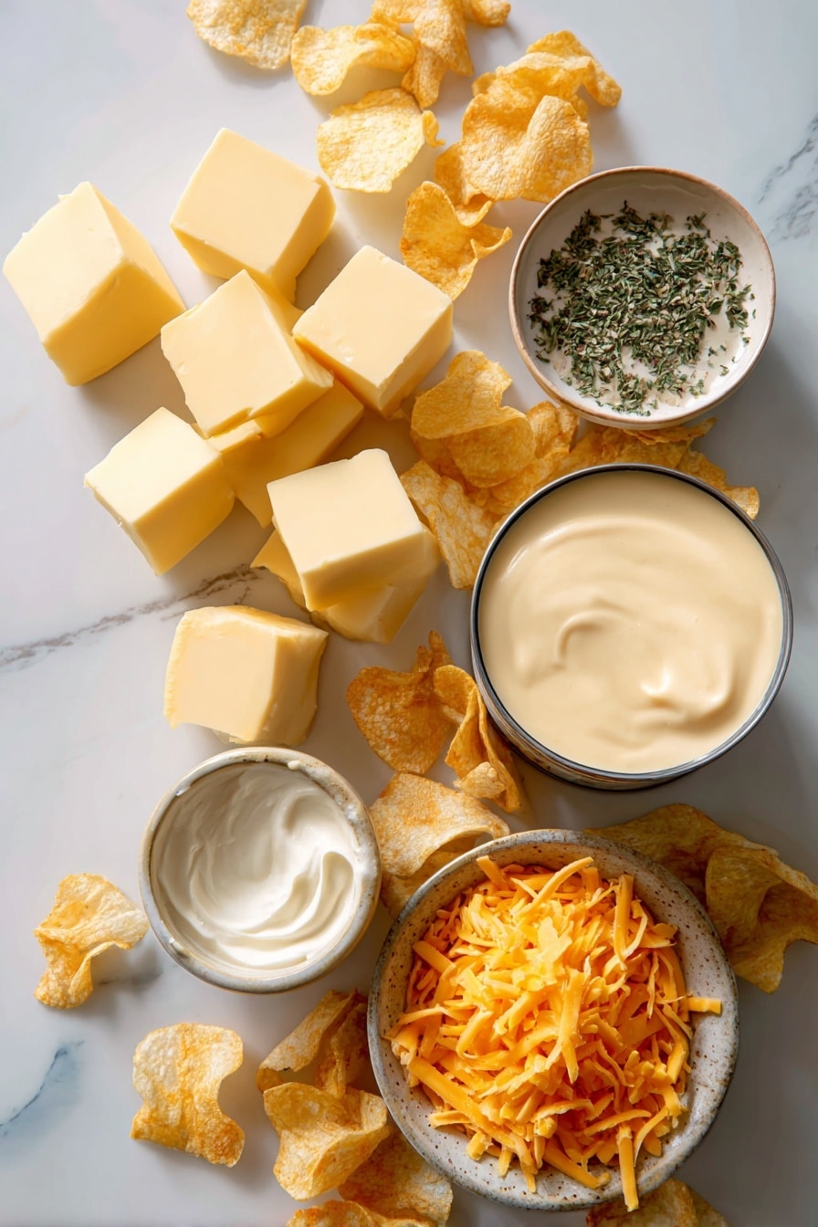 Flat lay of thawed diced potatoes with their pale yellow and creamy surfaces, a block of sharp cheddar cheese showing vibrant orange hues with a slightly crumbly texture, a smooth container of sour cream glistening white, a stick of golden salted butter with a soft sheen, a can of cream of chicken soup featuring its rich creamy texture visible through the open top, a small pile of crushed kettle-cooked potato chips in rustic golden brown with wavy edges, and a sprinkle of dried green parsley flakes scattered lightly, all beautifully arranged in a natural, casual layout placed on white marbled surface, photo taken with an iphone --ar 2:3 --v 7 - My Mom’s Cheesy Potatoes, cheesy potatoes casserole, cheesy potato bake, comfort food side dish, cheesy potatoes recipe