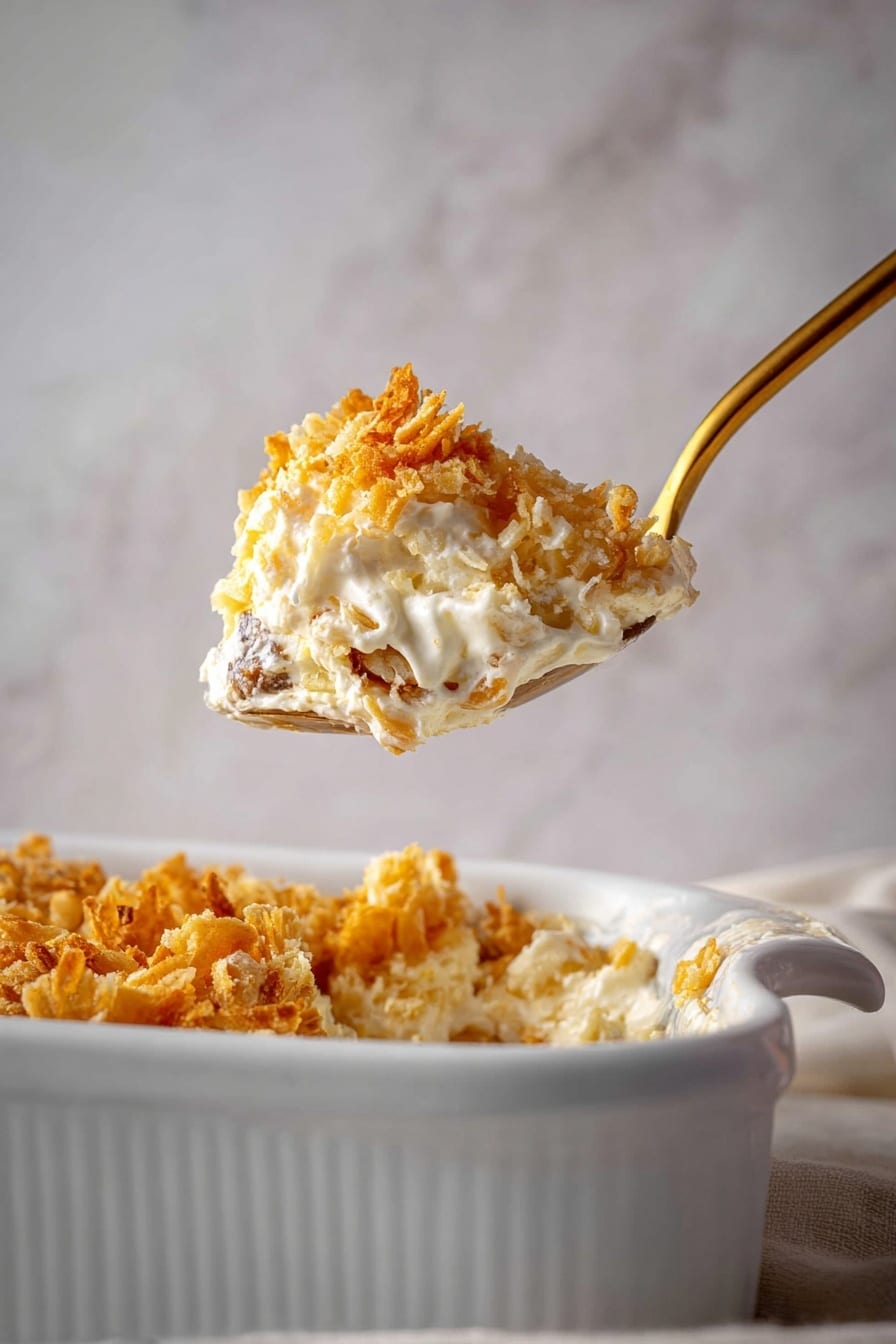 A white ceramic baking dish contains a baked casserole with three visible layers: a bottom layer of creamy sauce, a middle layer of soft orange sweet potatoes, and a top layer of golden, crunchy crushed cornflakes evenly spread across the surface. One square piece has been cut and slightly pulled out from the bottom left corner, revealing the smooth, creamy texture beneath the crisp cornflake topping. The dish is placed on a white marbled surface, and the edges of the casserole dish show some browned, crispy bits where the cornflakes met the sides. Photo taken with an iphone --ar 2:3 --v 7 - My Mom’s Cheesy Potatoes, cheesy potatoes casserole, cheesy potato bake, comfort food side dish, cheesy potatoes recipe
