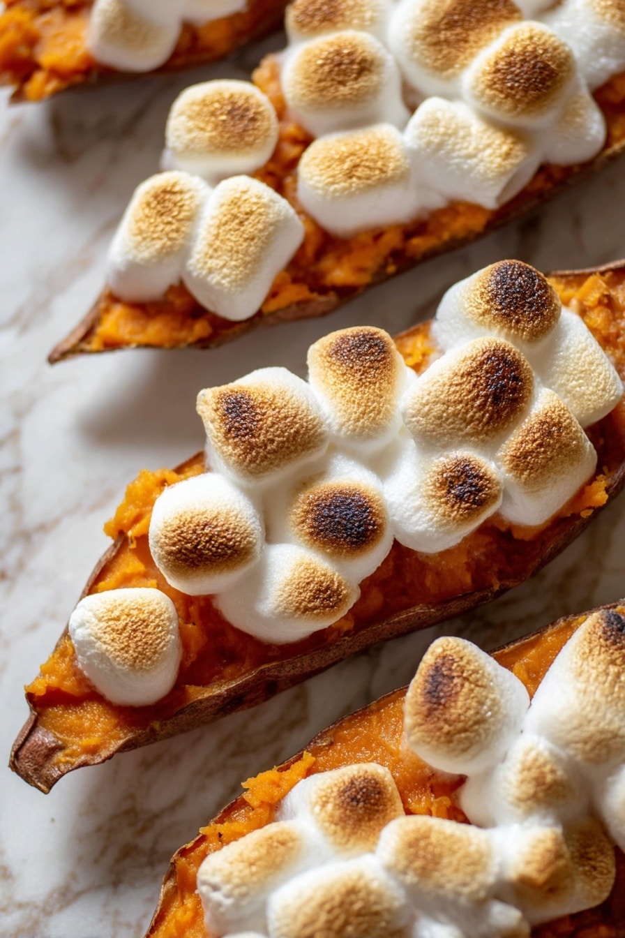 The image shows a white plate holding eight stuffed sweet potato halves arranged close together. Each sweet potato half has a soft, bright orange mashed sweet potato layer filled inside with a slightly rough texture. On top of this orange layer is a thick coating of small, toasted marshmallows that are light golden-brown on their rounded tops, some showing slight melting. The plate itself sits on a white marbled surface with dark specks scattered around it, giving a rustic feel. The overall colors are warm with deep orange and creamy toasted white marshmallows photo taken with an iphone --ar 2:3 --v 7 - Maple Marshmallow Twice Baked Sweet Potatoes, sweet potato side dishes, holiday sweet potato recipes, easy sweet potato dessert, cozy fall recipes