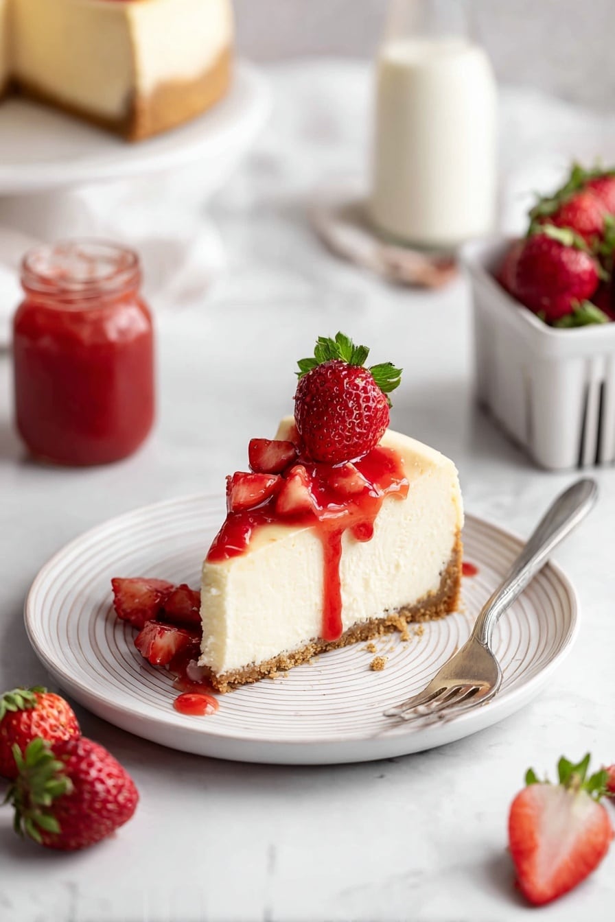 Classic New York Cheesecake with Strawberry Sauce Recipe - Serving